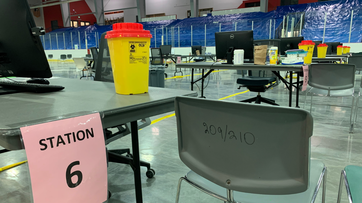 A vaccination station at the clinic at Alder Recreation Centre.