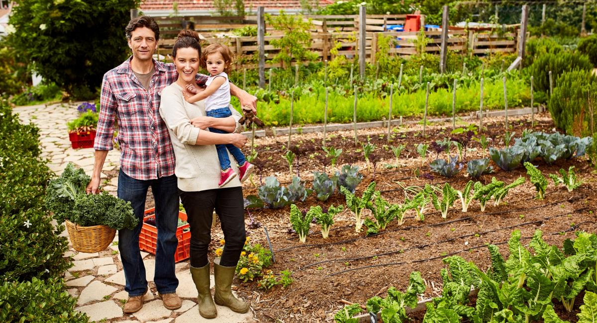 Mom, dad and girl toddler standing in family garden