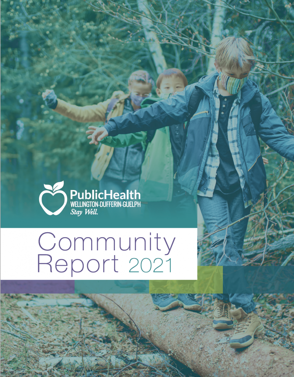 Cover of the 2021 Community Report, three kids walking on a log with their arms out