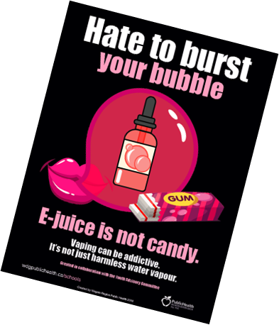  Hate to burst your bubble. E-juice is not candy. Vaping can be addictive. It's not just harmless water vapour.