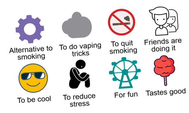 Icons that show the reasons youth try e-cigarettes (listed below graphic)