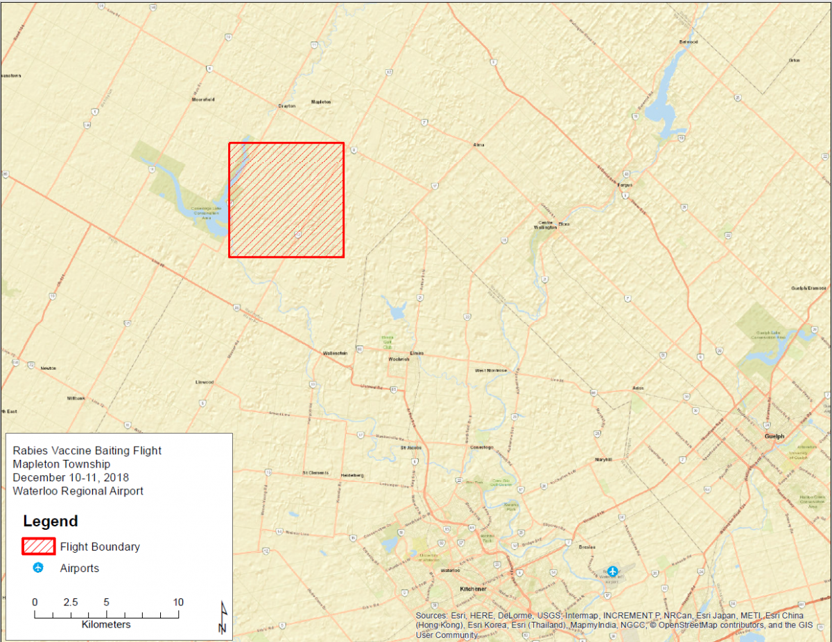 Map showing the rabies baiting area south of Mapleton/Drayton, just east of Conestoga Lake Conservation area