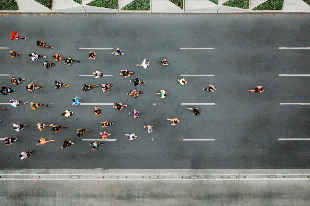 An overhead shot of runners competing in a race.