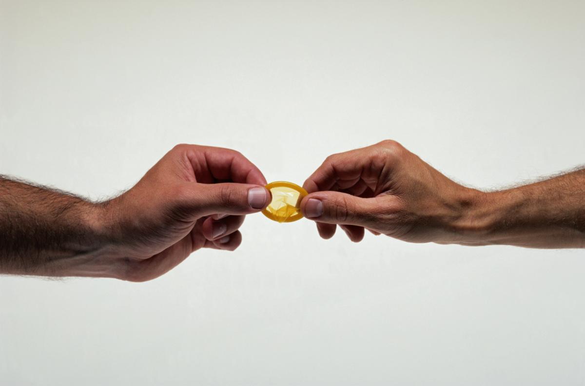 Two men holding a condom