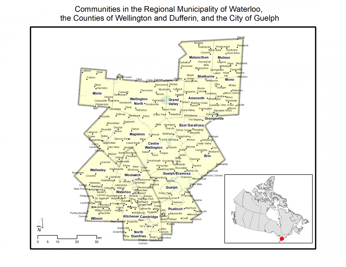 Study area map includes communities in the Regional Municipality of Waterloo, the counties of Wellington and Dufferin and the City of Guelph