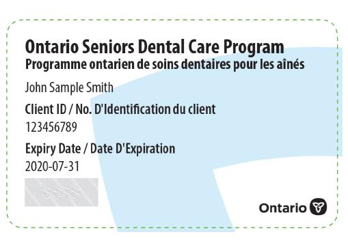 A sample of the front of the Ontario Seniors Dental Care Program card