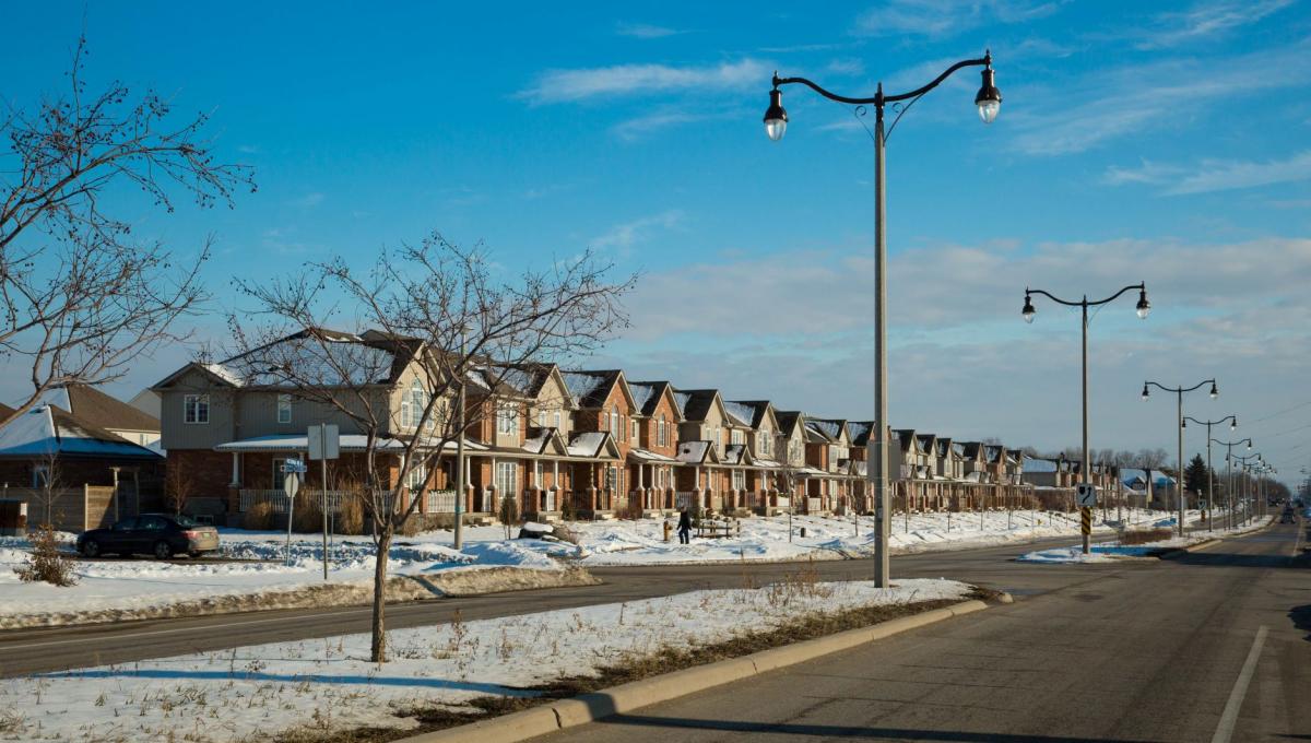 Streetscape in Guelph illustrating the built environment - townhouses, street, sidewalks