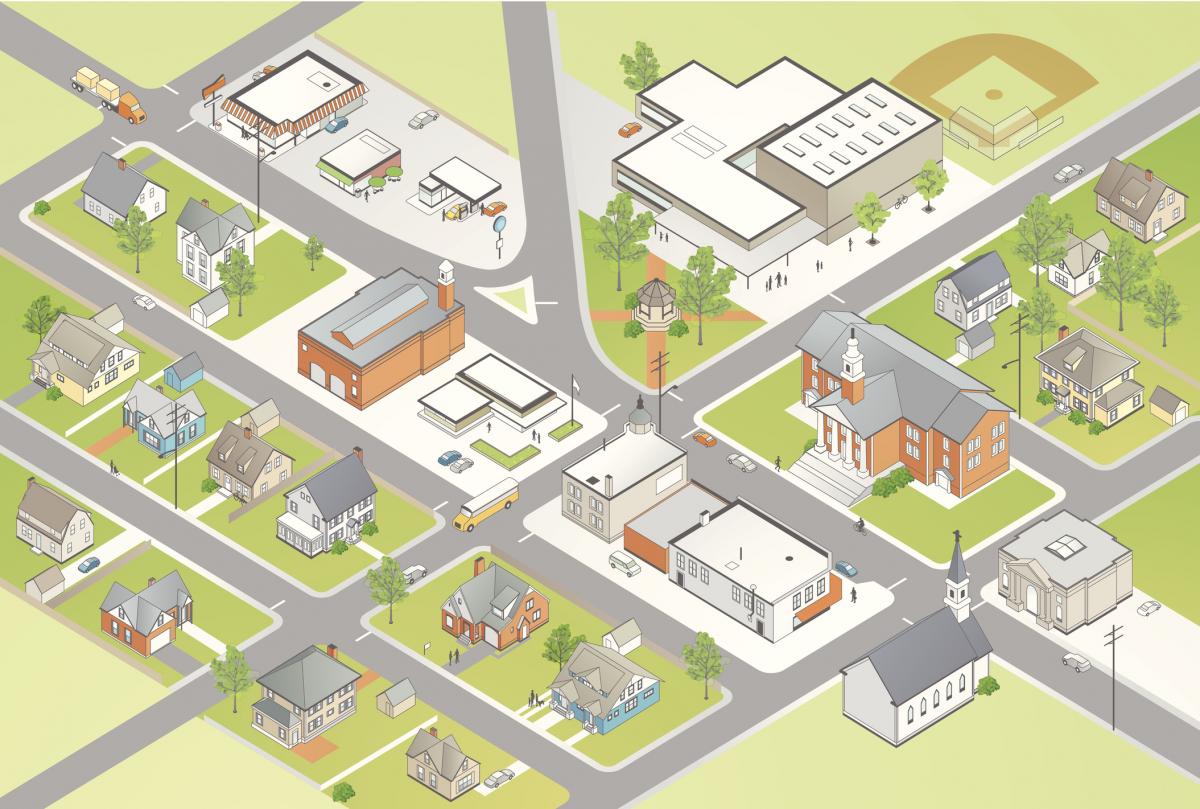 illustration of a generic town/neighbourhood (aerial view)