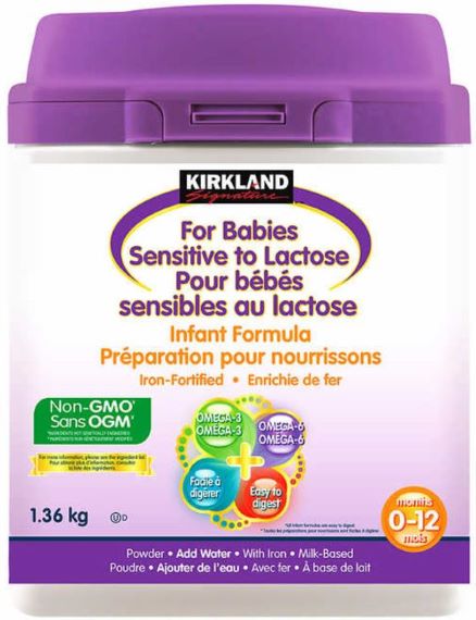 Kirkland Infant Formula container (purple lid) for babies sensitive to lactose