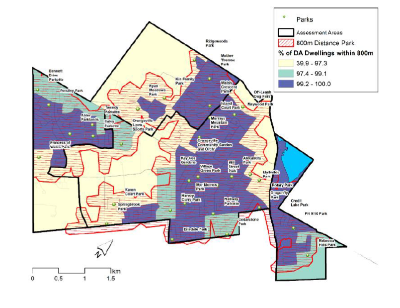 Map illustrating percentage of dwellings within 800m of a park in Orangeville
