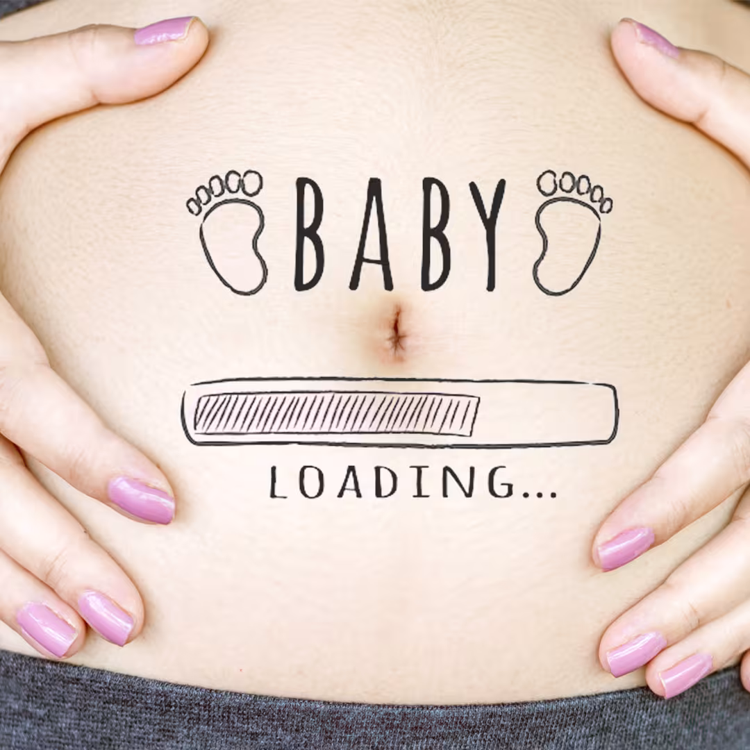 a pregnant person holding their tummy. On the tummy the words "Baby loading..." is written with a computer loading image