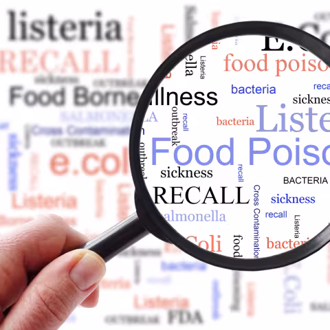 Food poisoning related terms, salmonella, e coli etc, in a word cloud with magnifying glass