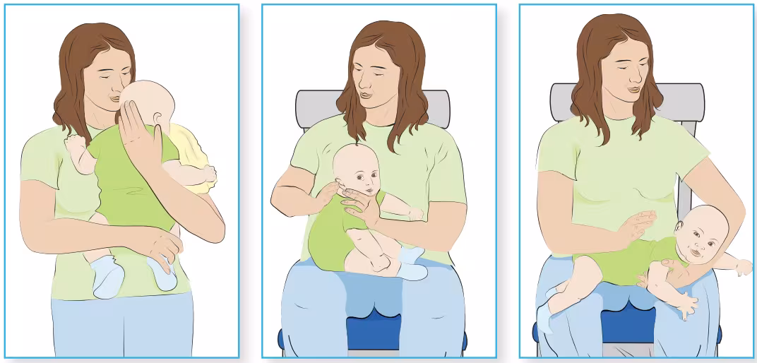 A three-paneled illustration of various proper positions for burping infants.
