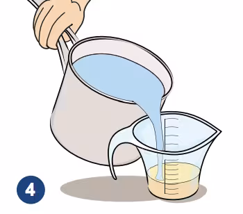 An illustration of a pot of water being added to a measuring cup of formula.