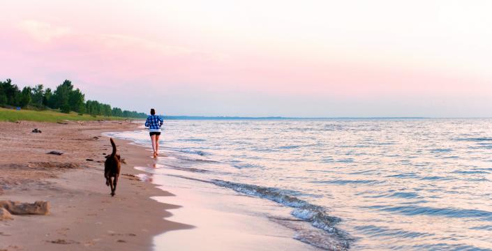 Woman and dog jogging on the beach