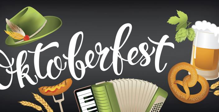 Oktoberfest icons (feather cap, beer, pretzel, bratwurst, accordian)