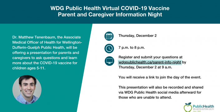 COVID vaccine for childre age 5-11 information night graphic with same details as in the web text