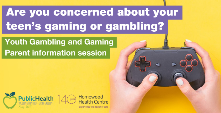 hand holding gaming controller. Text reads: "Are you concerned about your teen’s gaming or gambling? Youth Gambling and Gaming Parent information session" 