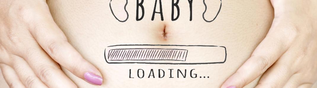 a pregnant person holding their tummy. On the tummy the words "Baby loading..." is written with a computer loading image