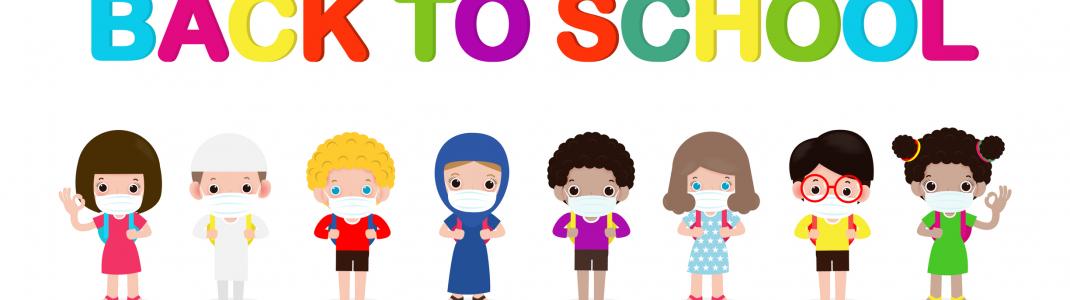 cartoon of kids wearing masks with back to school as a title, white background.