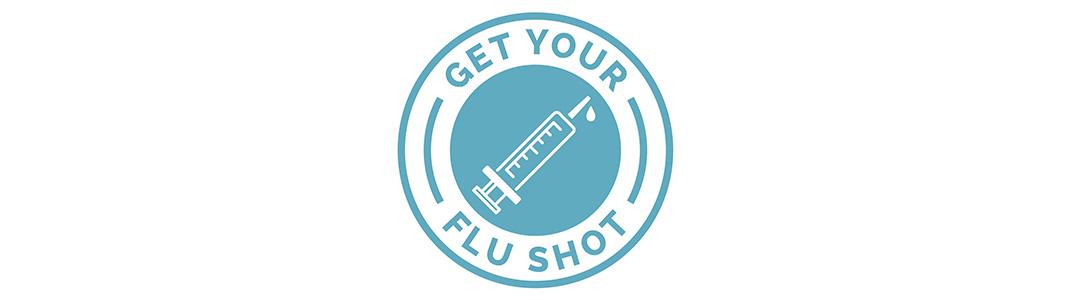 Syringe icon with the words Get Your Flu Shot in a circle around it