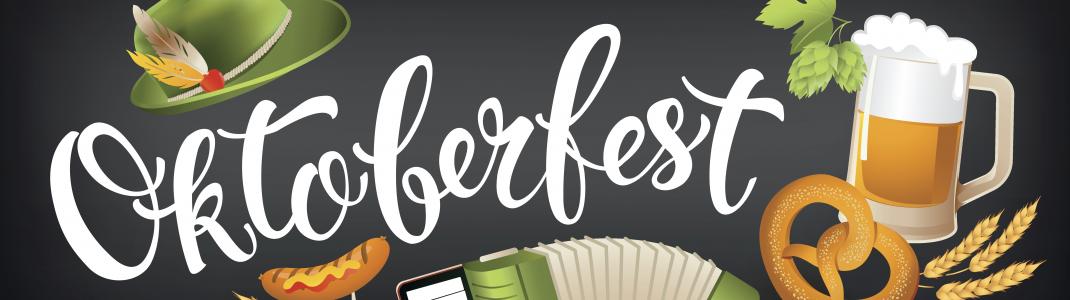 Oktoberfest icons (feather cap, beer, pretzel, bratwurst, accordian)