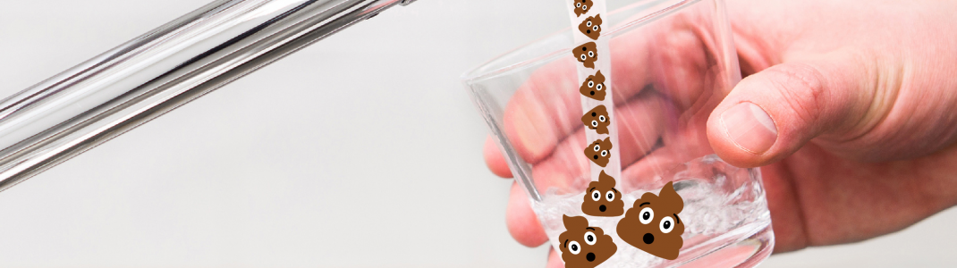tap water filling glass with animated poo emojis also coming out of the tap