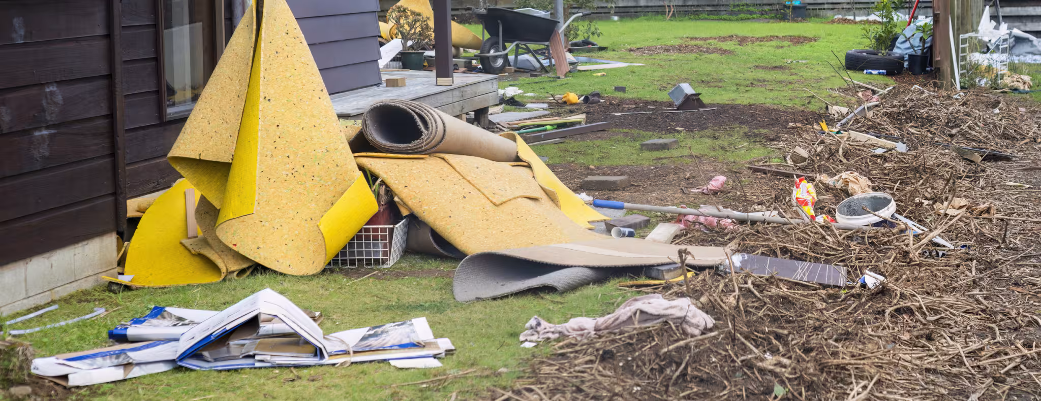 Carpet removed from water damaged house. Cleaning up after flooding.