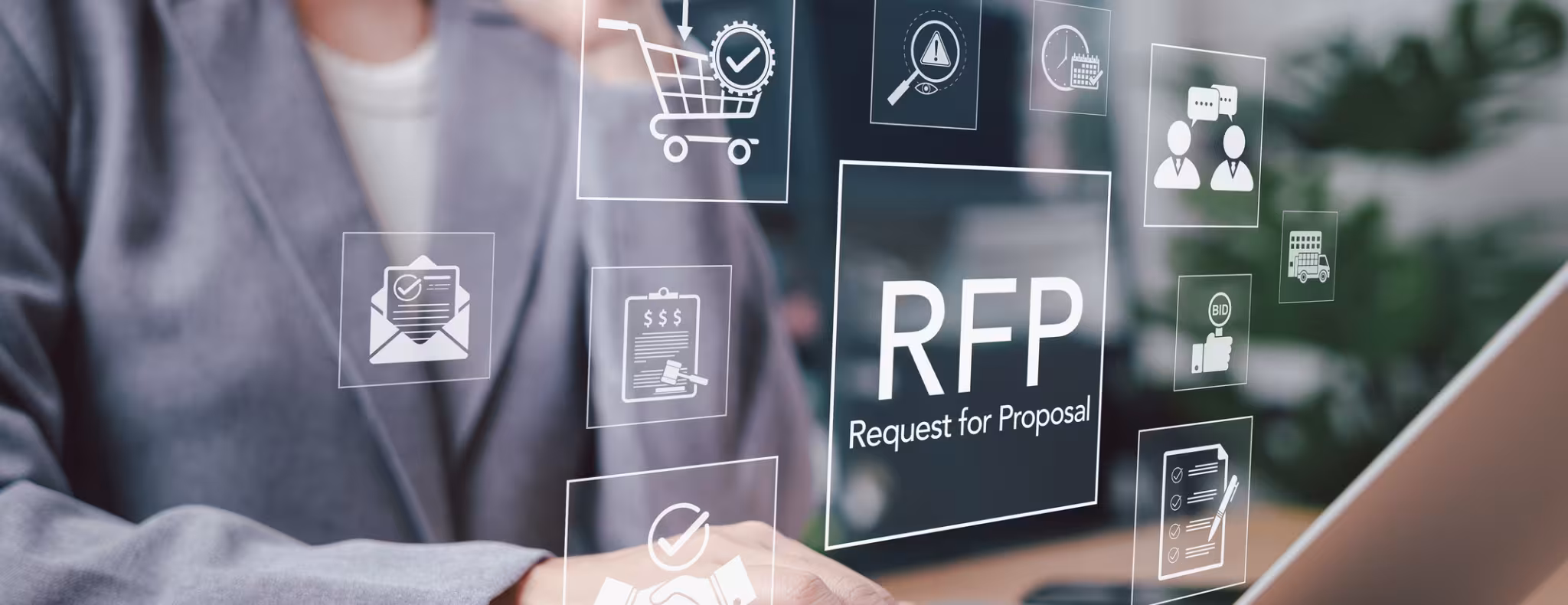Businessperson using laptop with RFP icons representing procurement process, bidding, communication, evaluation.