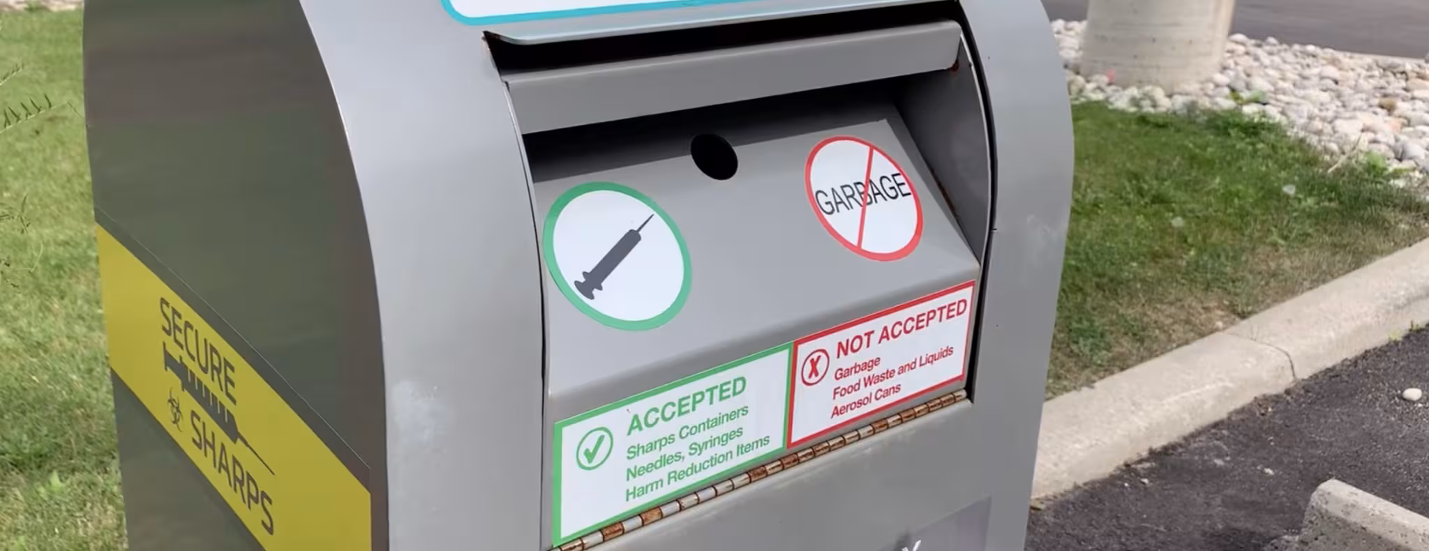 A sharps disposal box from the WDG community