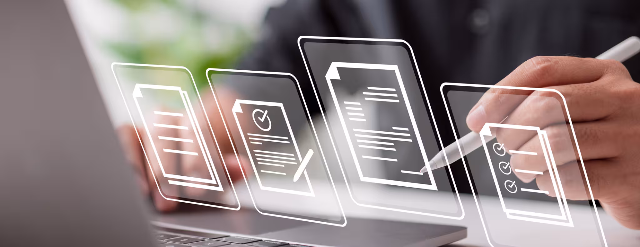 A business person signing a digital document on a virtual notebook screen using a stylus pen.