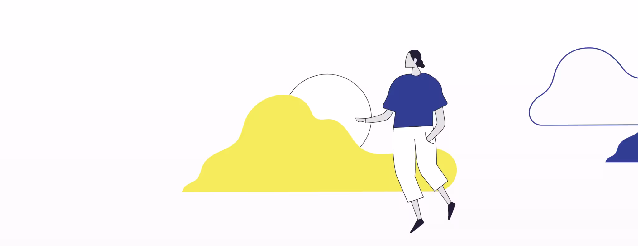 GetaKit imagery, illustration of a person floating in front of a yellow cloud and white sun or moon
