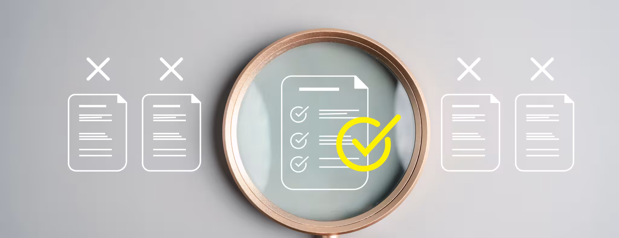 A hand hold a magnifying glass over an icon representing checklist review, quality assurance, file inspection, internal control, and data validation.