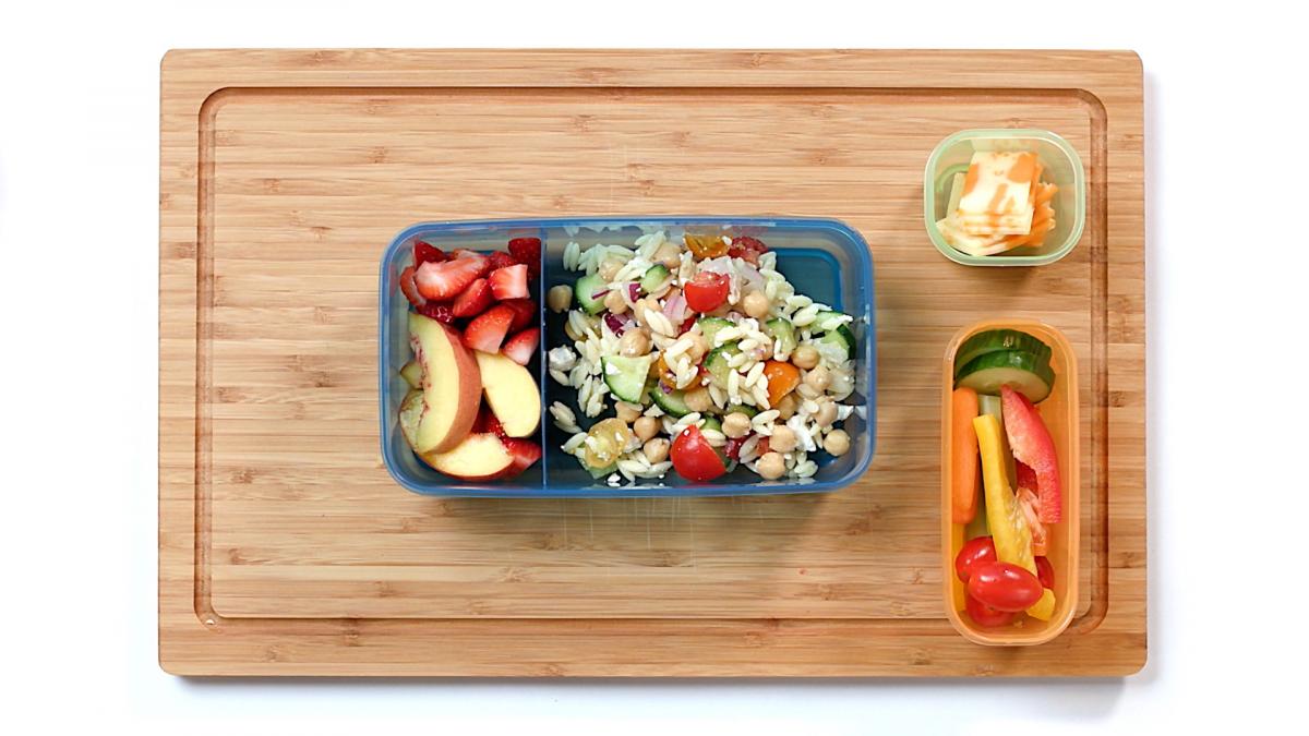 Leftover orzo salad in a lunchbox