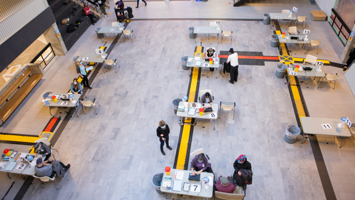 View from above of the vaccine clinic at the University of Guelph's University Centre.